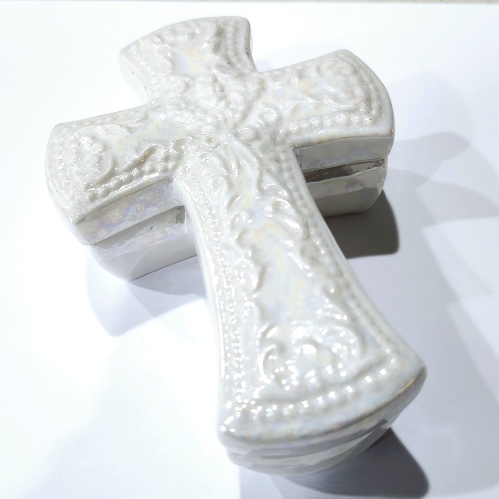 Ceramic Cross Shaped Trinket Box Opal Glazed